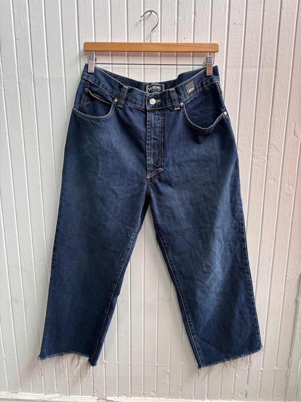 Versace Dark Blue cut off Straight-Leg Jeans